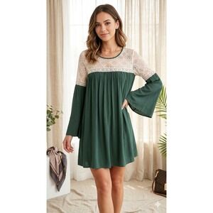 Umgee Bell Sleeve Crochet  Boho Tunic Top Green Size M